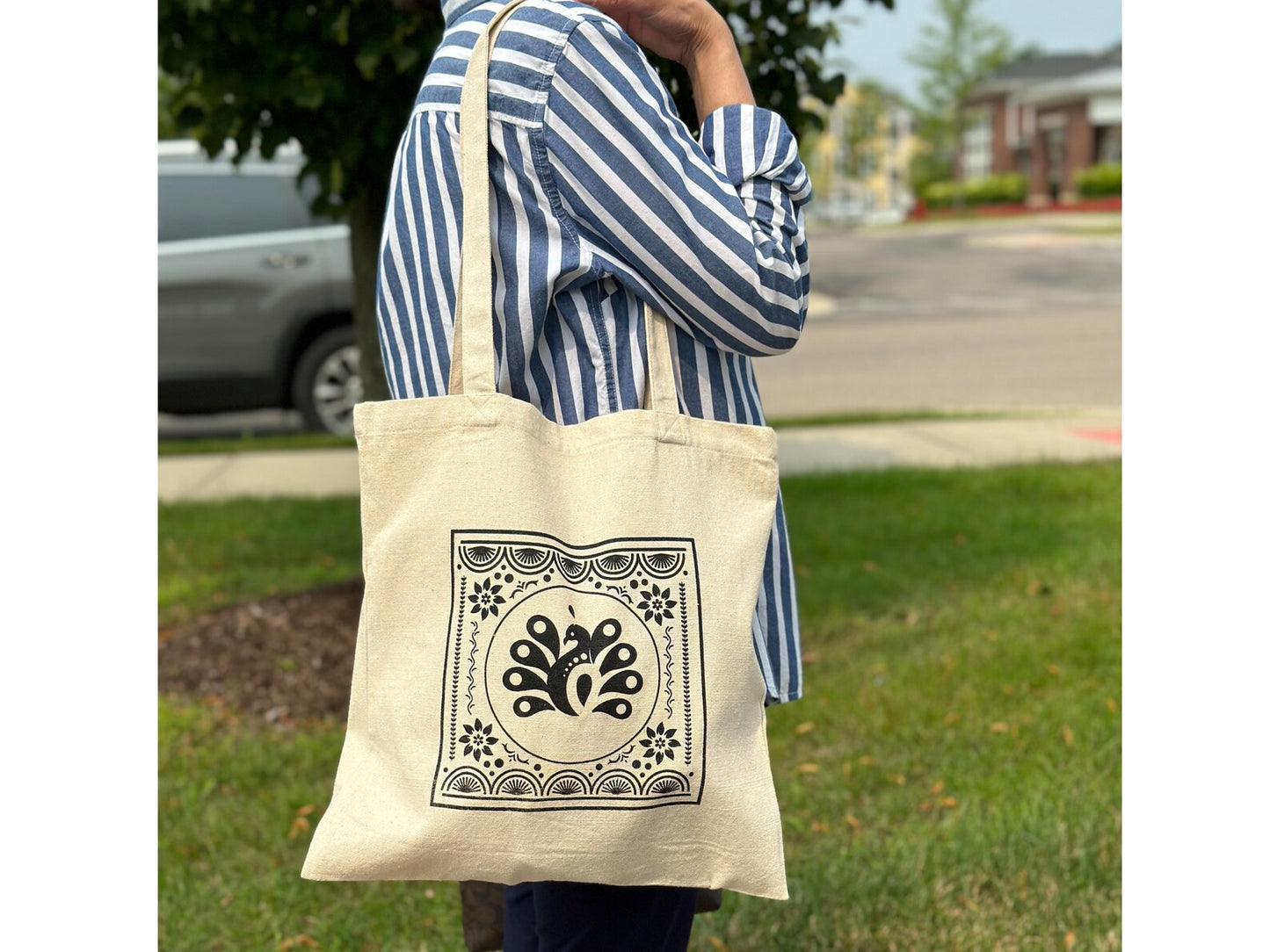 10 oz. Heavy cotton reusable tote Shopping travel book bag, durable eco-friendly shoulder bag with beautiful Folk Art graphic